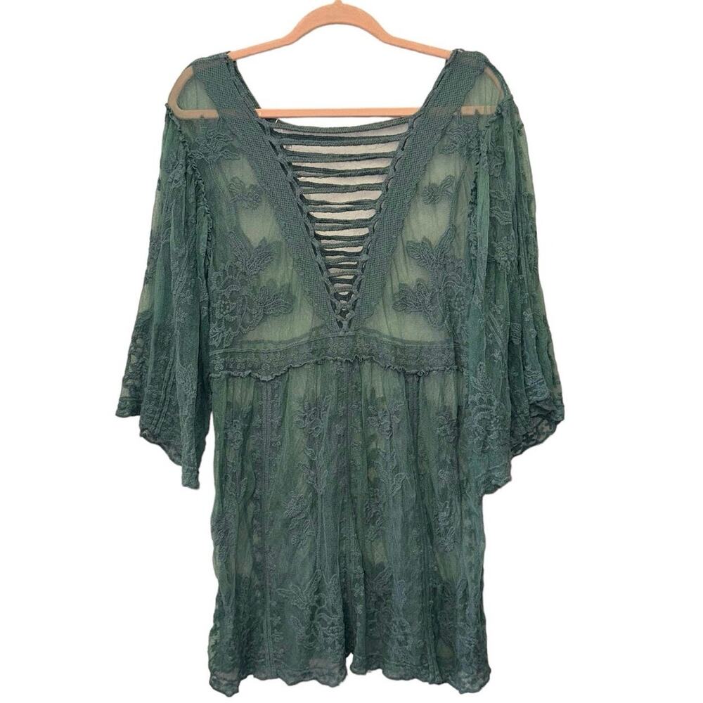 SHEIN Sheer Lace Boho Tunic Top Green One Size NWT Lace Up Babydoll‎